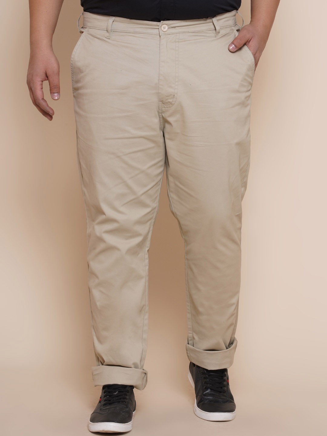 

John Pride Men Plus Size Mid Rise Cotton Easy Wash Trousers, Beige