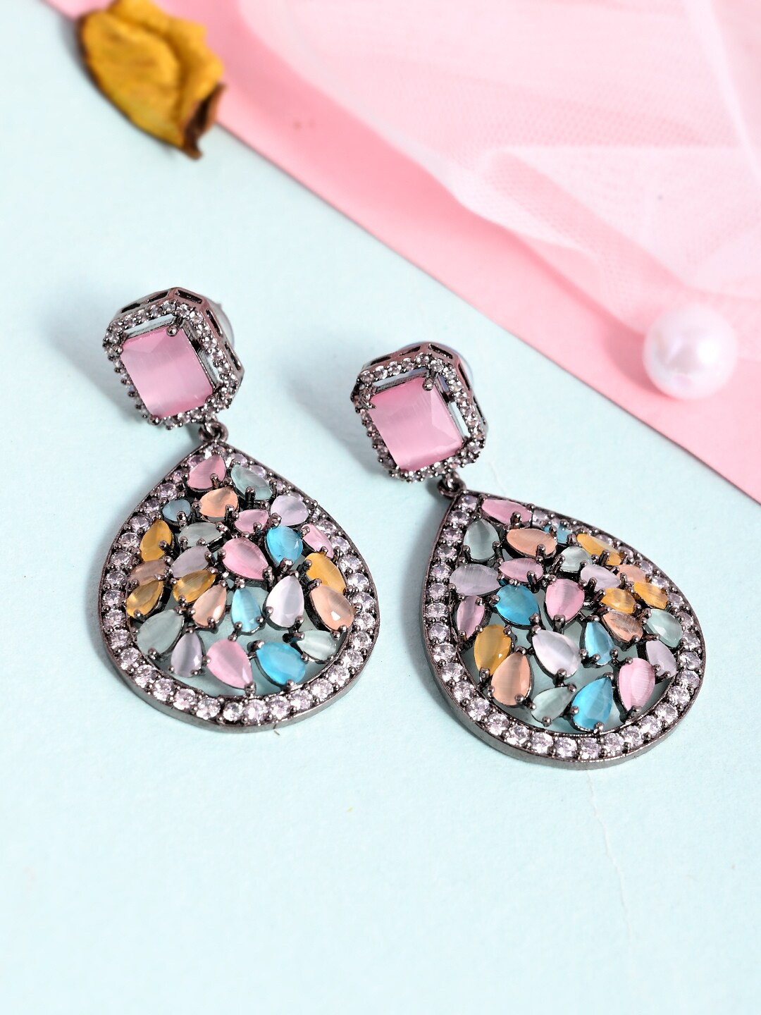 

AQUASTREET Zircon Stone Studded Rhodium -Plated Geometric Drop Earrings, Pink