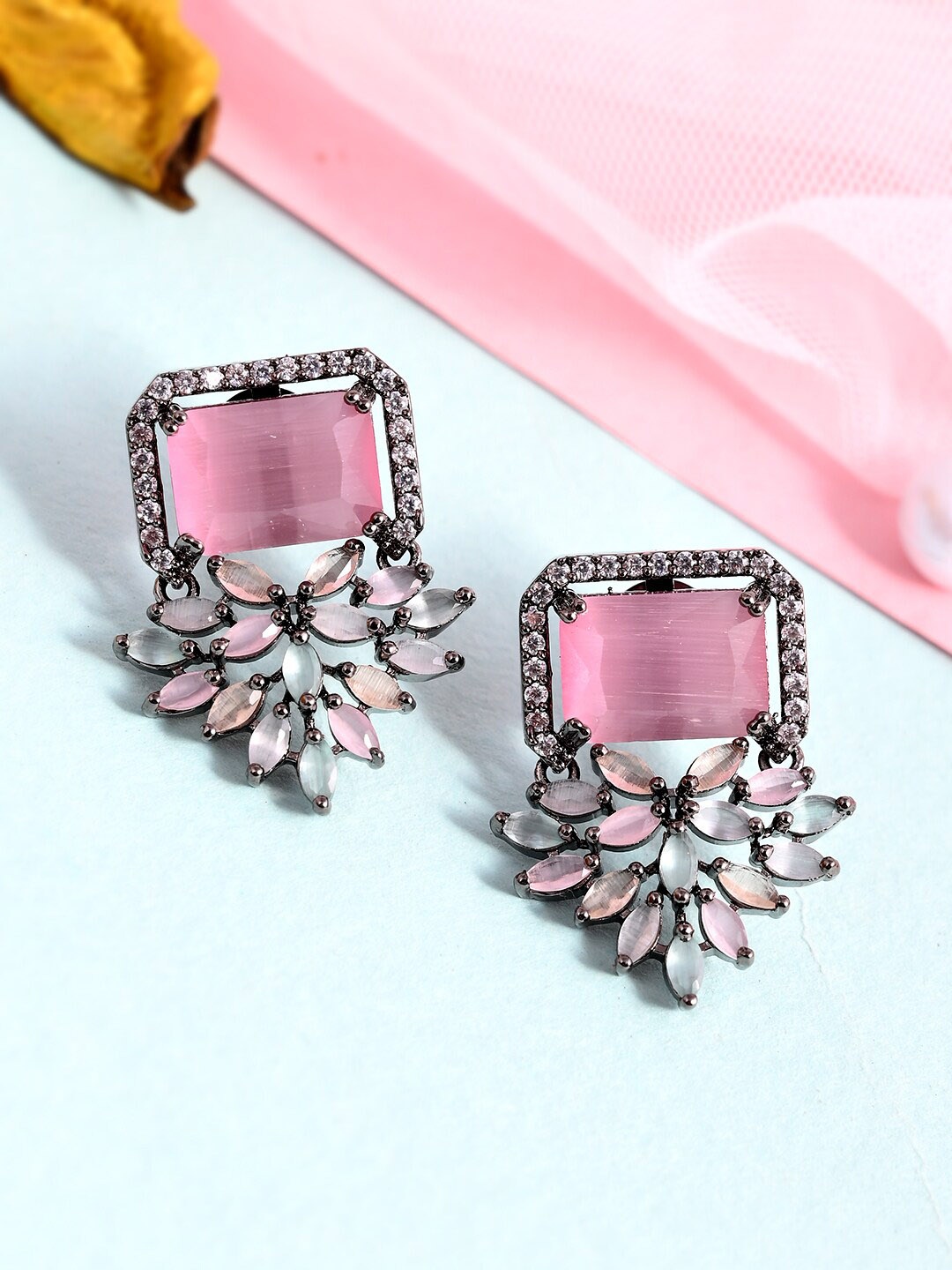

AQUASTREET Zircon Stone Studded Rhodium-Plated Geometric Drop Earrings, Pink