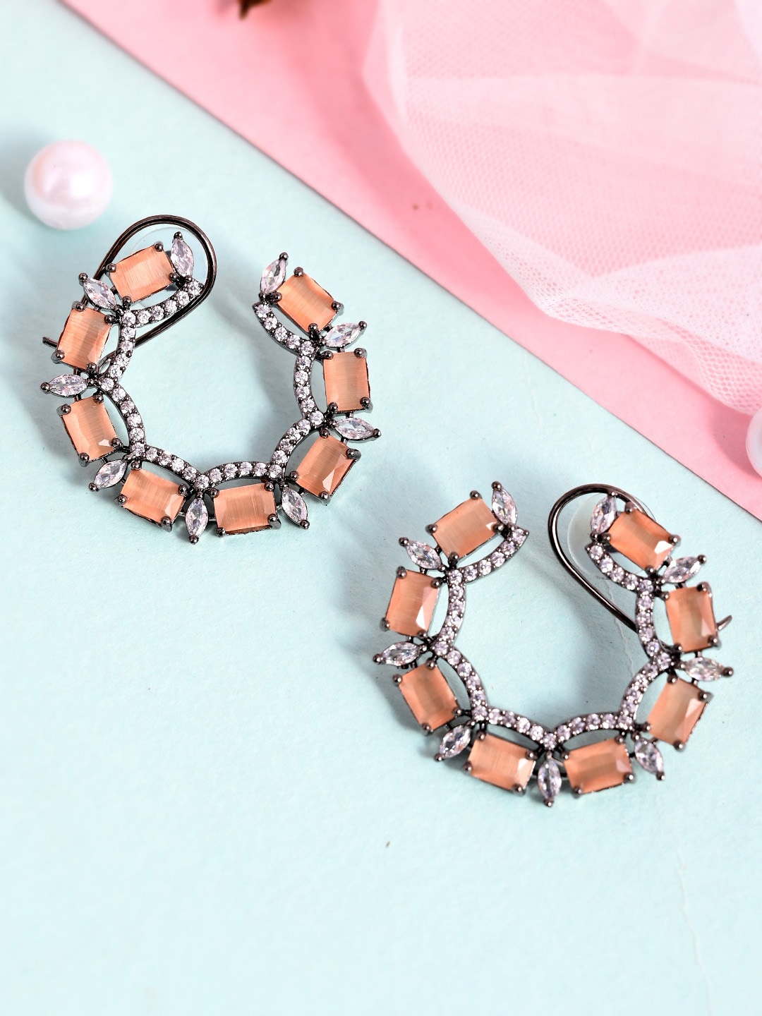 

AQUASTREET Zircon Stone Studded Rhodium-Plated Geometric Half Hoop Earrings, Peach