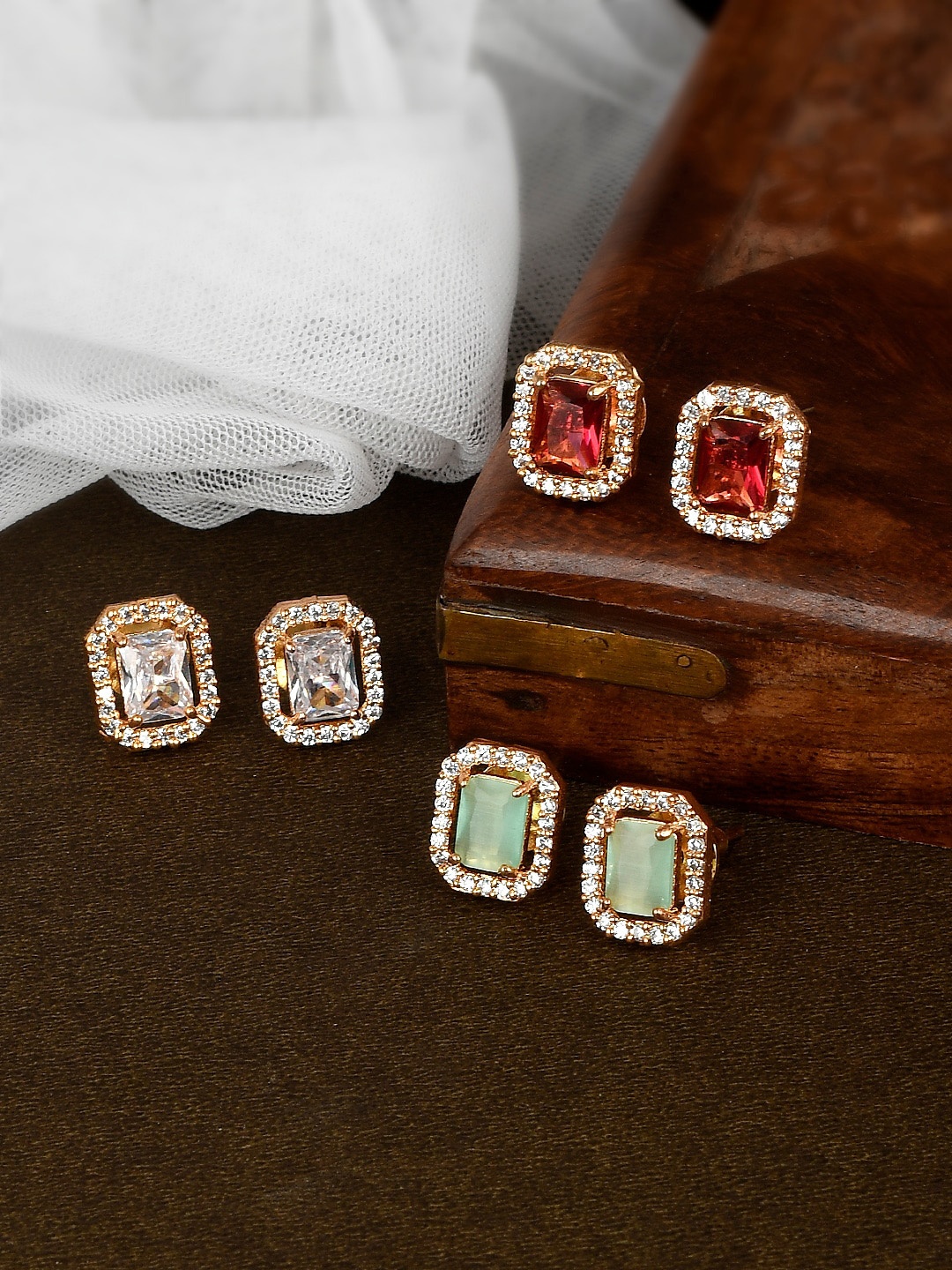 

AQUASTREET Pack Of 3 Zircon Stone Studded Rose Gold -Plated Square Studs Earrings, Green