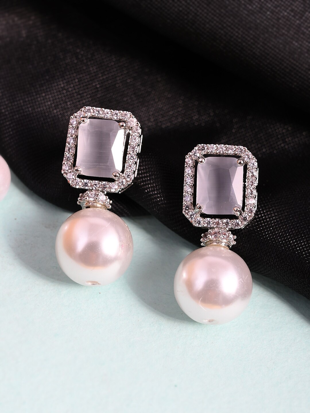 

AQUASTREET Silver-Plated Square Shaped Zircon Studed Pearl Drop Earrings, White