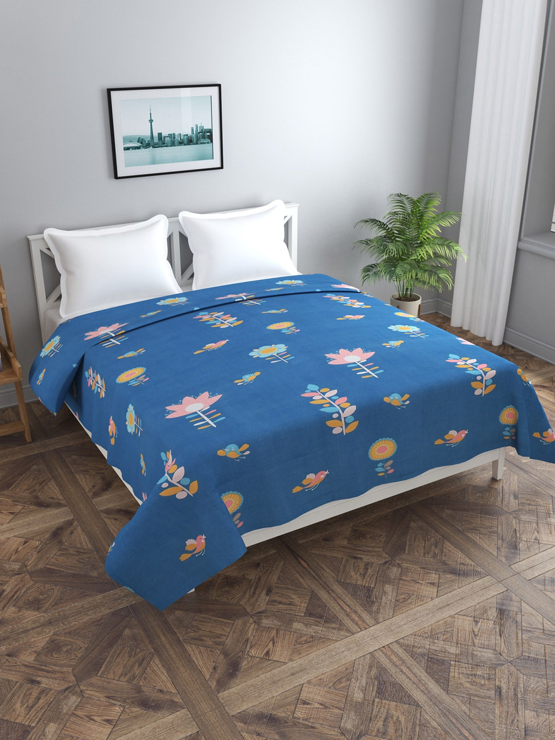 

MORADO Blue & Peach Maple Printed Double Bed Queen Duvet Cover