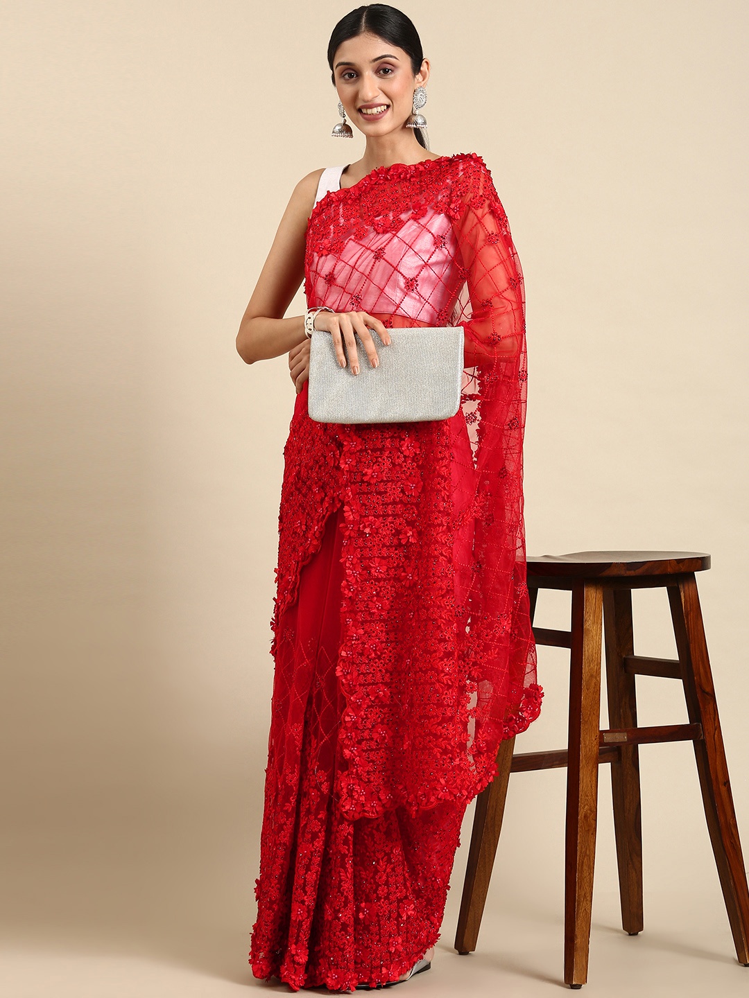 

kasee Floral Embroidered Beads & Stones Net Saree, Red