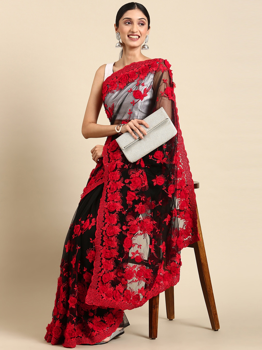 

kasee Floral Embroidered Beads & Stones Net Saree, Black