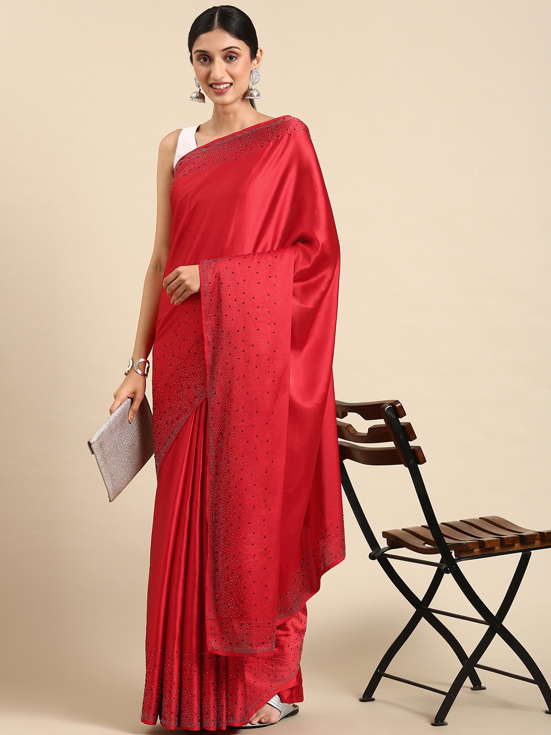 

kasee Beads & Stones Solid Satin Saree, Red