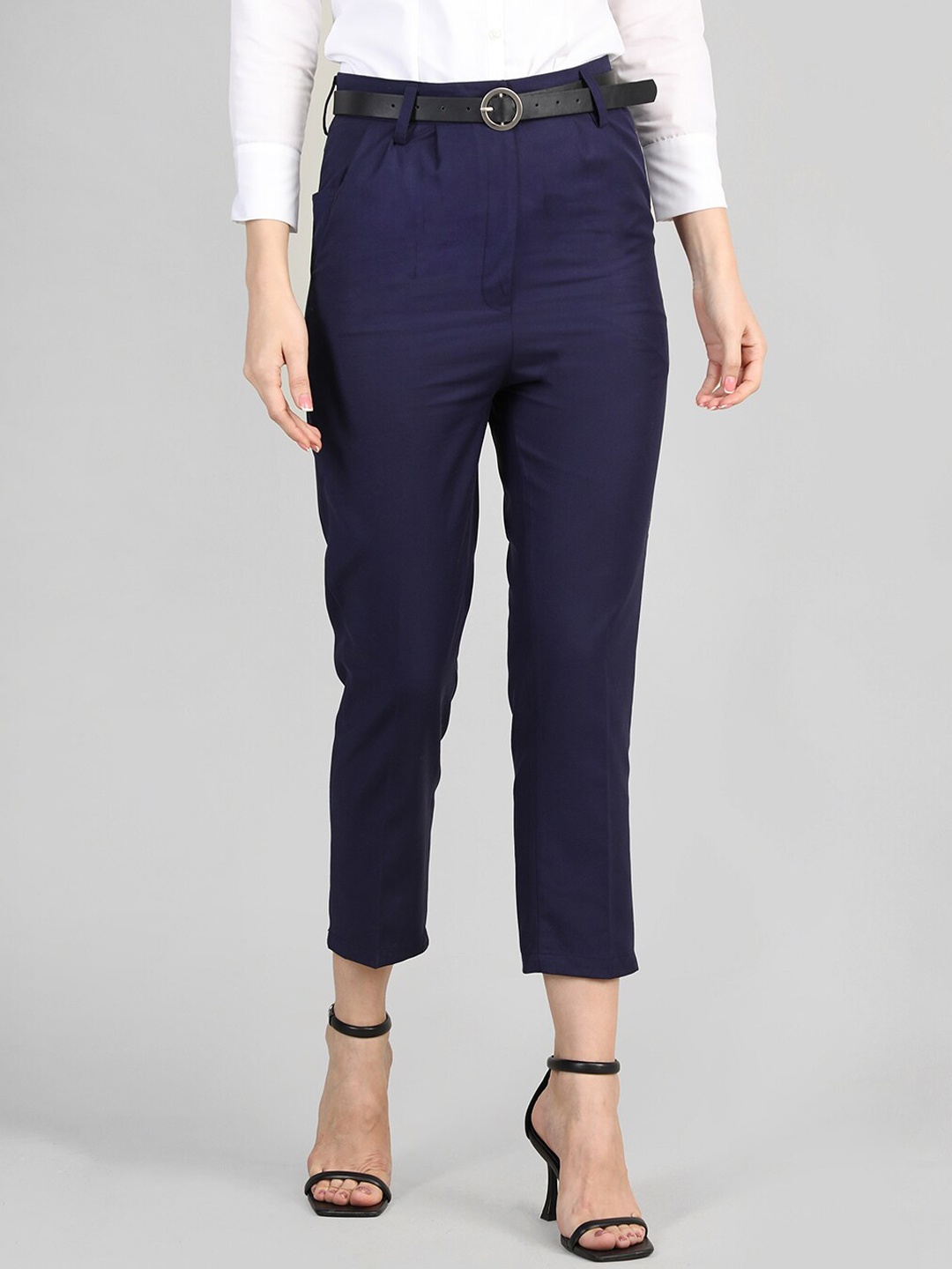 

Dlanxa Women Mid-Rise Wrinkle Free Cotton Formal Trousers, Navy blue