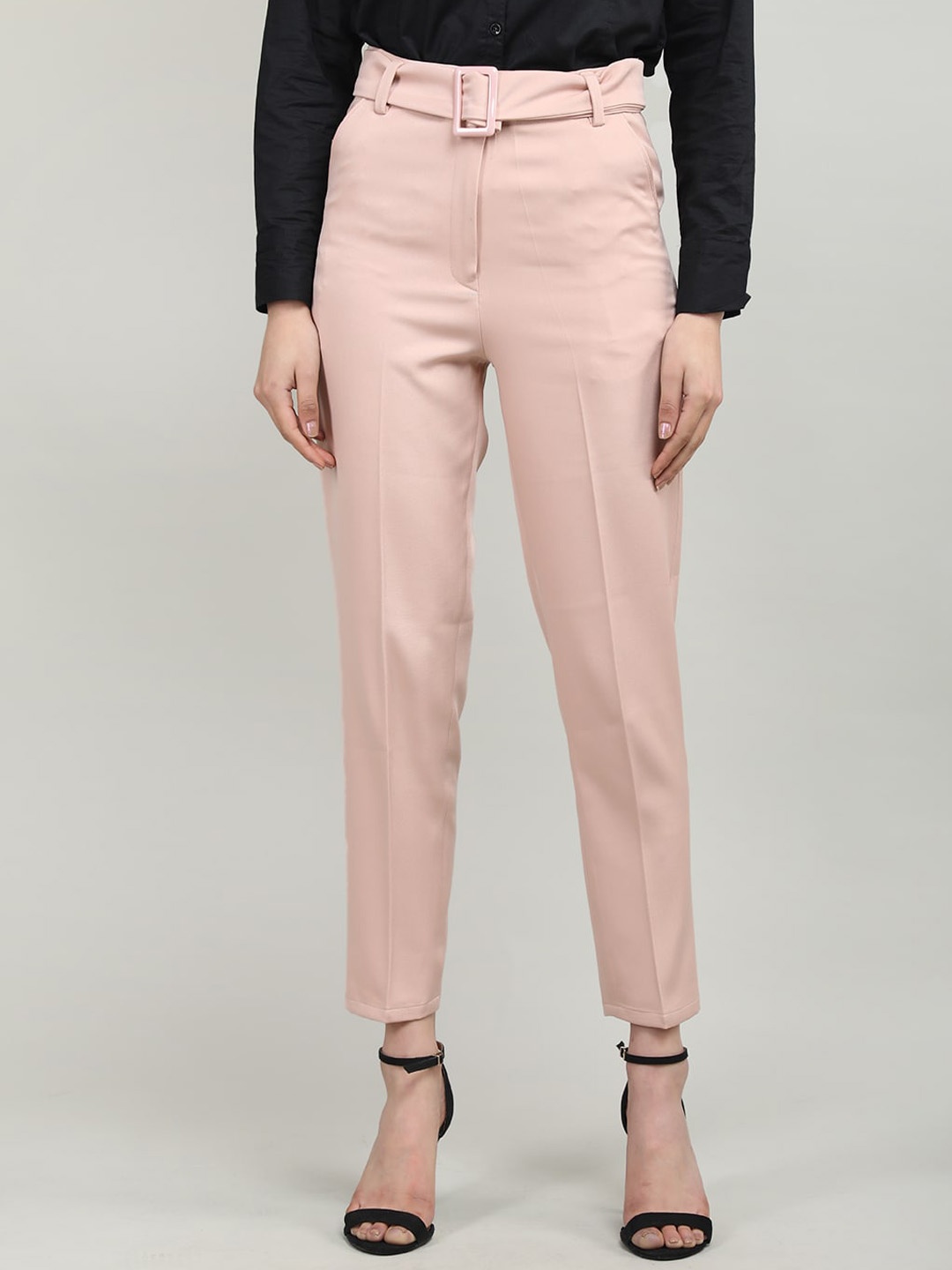 

Dlanxa Women Mid Rise Cropped Pleated Cotton Formal Trousers, Pink