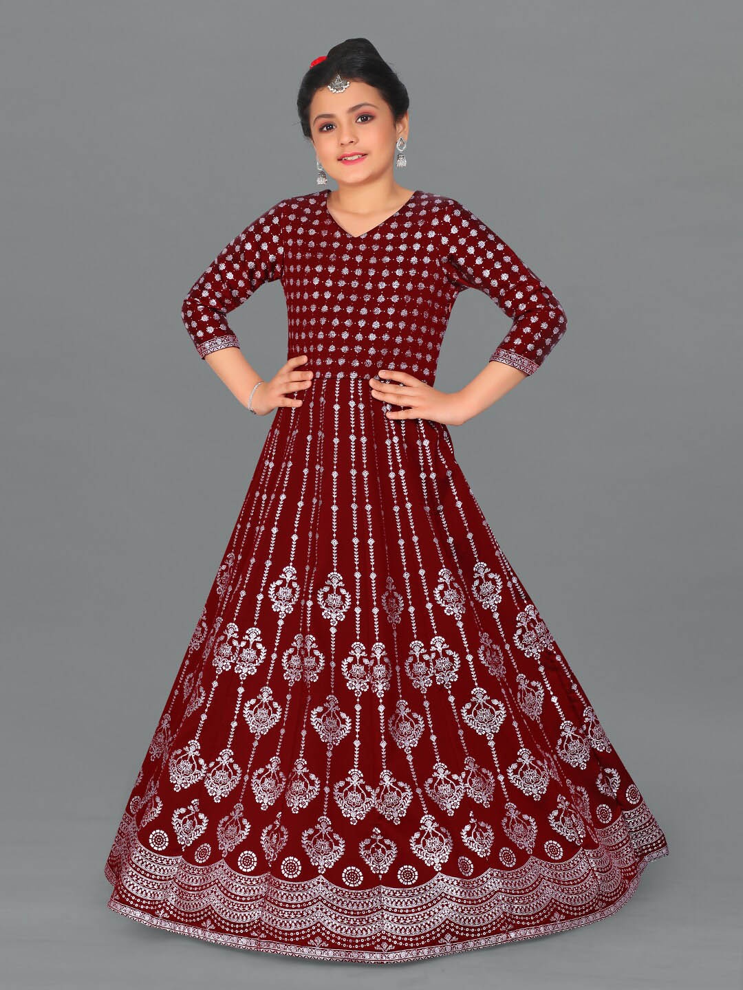 

FASHION DREAM Girls Ethnic Motifs Foil Printed Ethnic Dress, Maroon