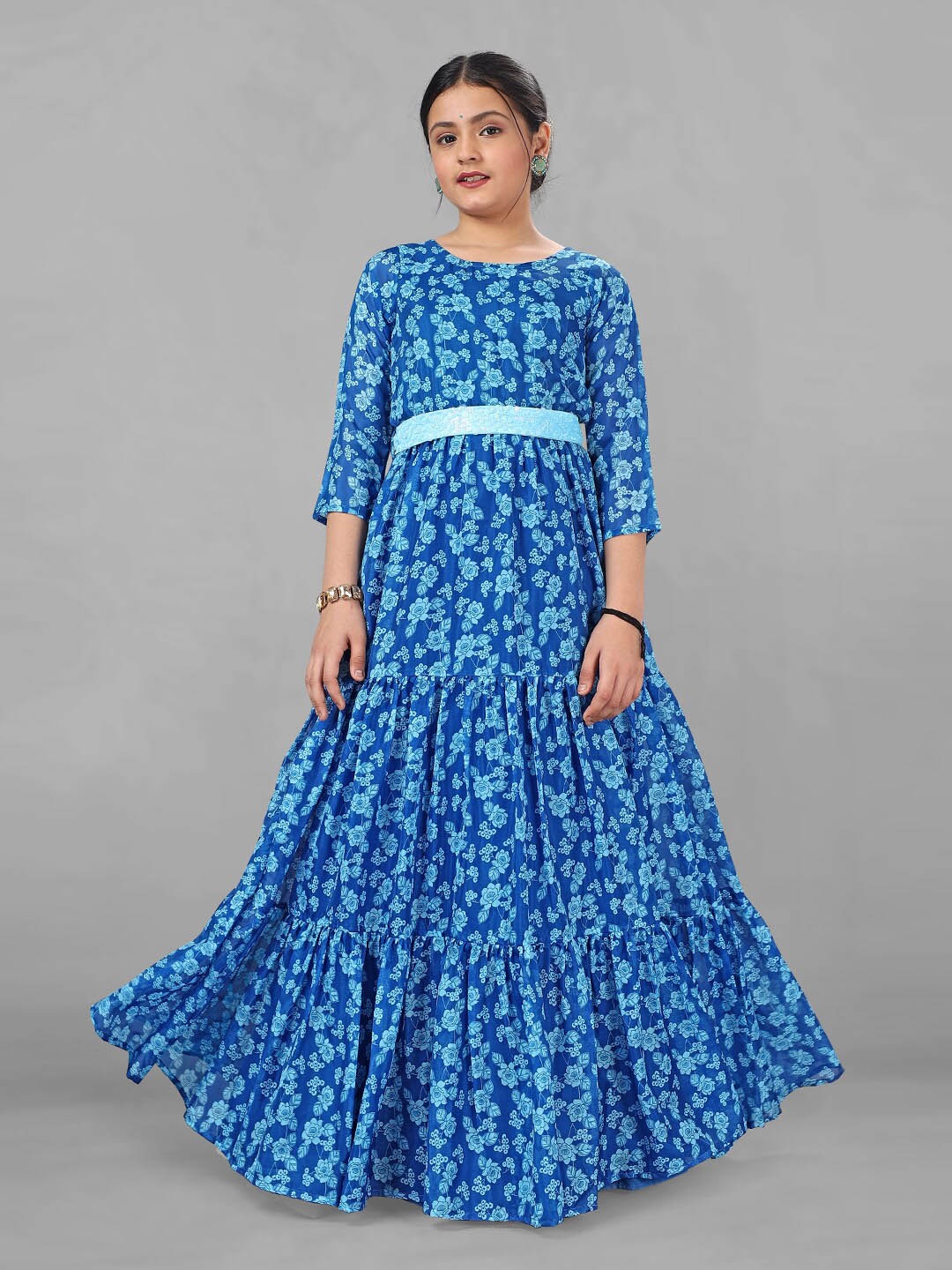 

FASHION DREAM Floral Printed Tabby Silk Tiered Maxi Ethnic Dress, Blue