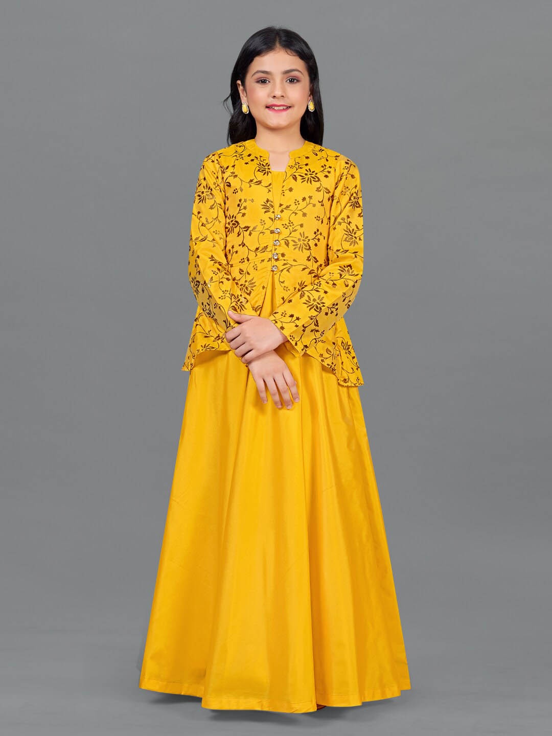 

FASHION DREAM Ethnic Printed Maxi Dress With Shrug, Yellow