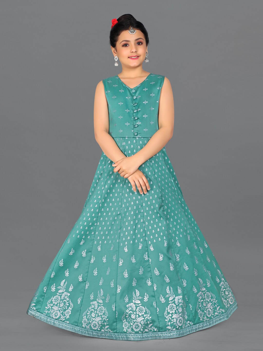 

FASHION DREAM Girls Ethnic Motifs Printed V-Neck Sleeveless Fit & Flare Maxi Ethnic Dress, Green