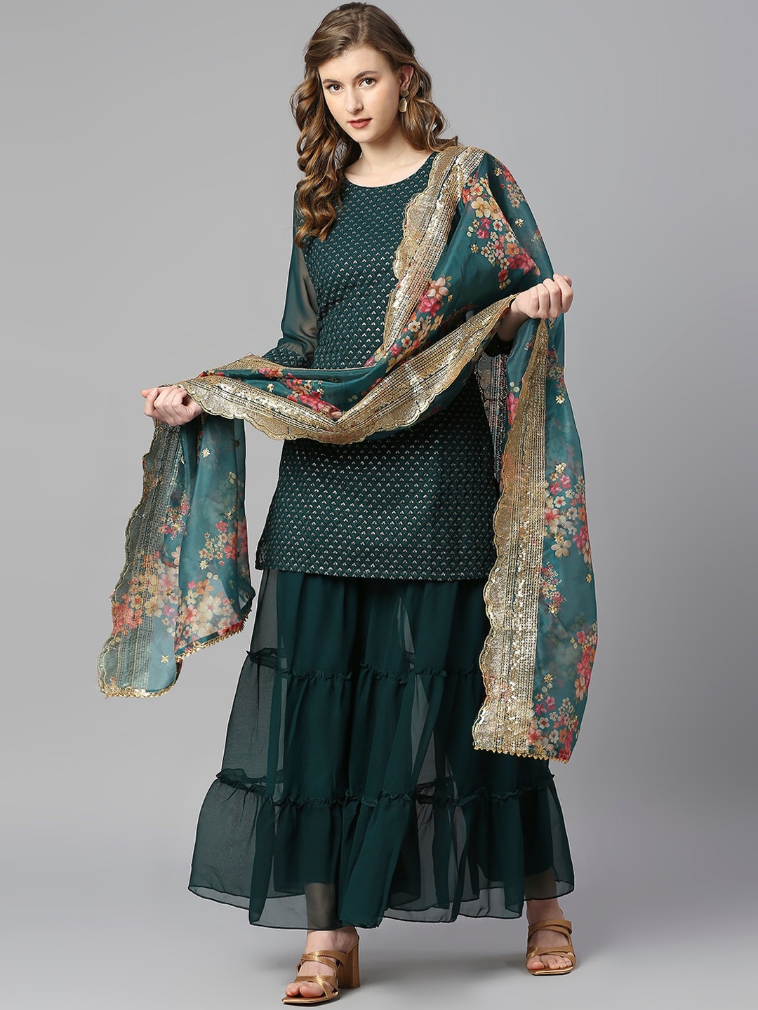 

KALINI Floral Embroidered Sequined Kurti With Sharara & Dupatta, Green
