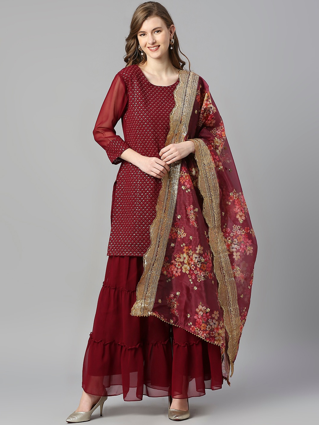 KALINI Floral Embroidered Sequined Kurti With Sharara & Dupatta, Maroon