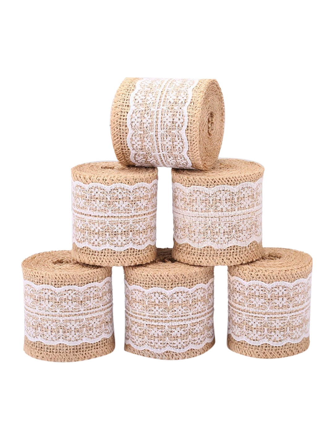 

BS AMOR Pack Of 6 Jute Burlap Ribbon With Lace DIY Gift-Wrapping, Beige