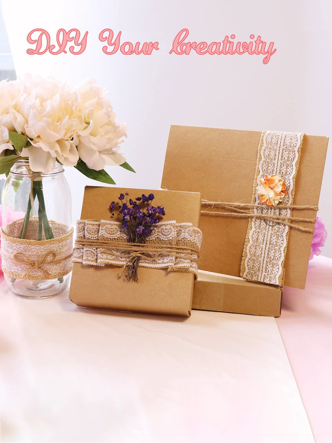 

BS AMOR Pack Of 4 Natural Jute Burlap Ribbon With Lace DIY Gift-Wrapping, Brown