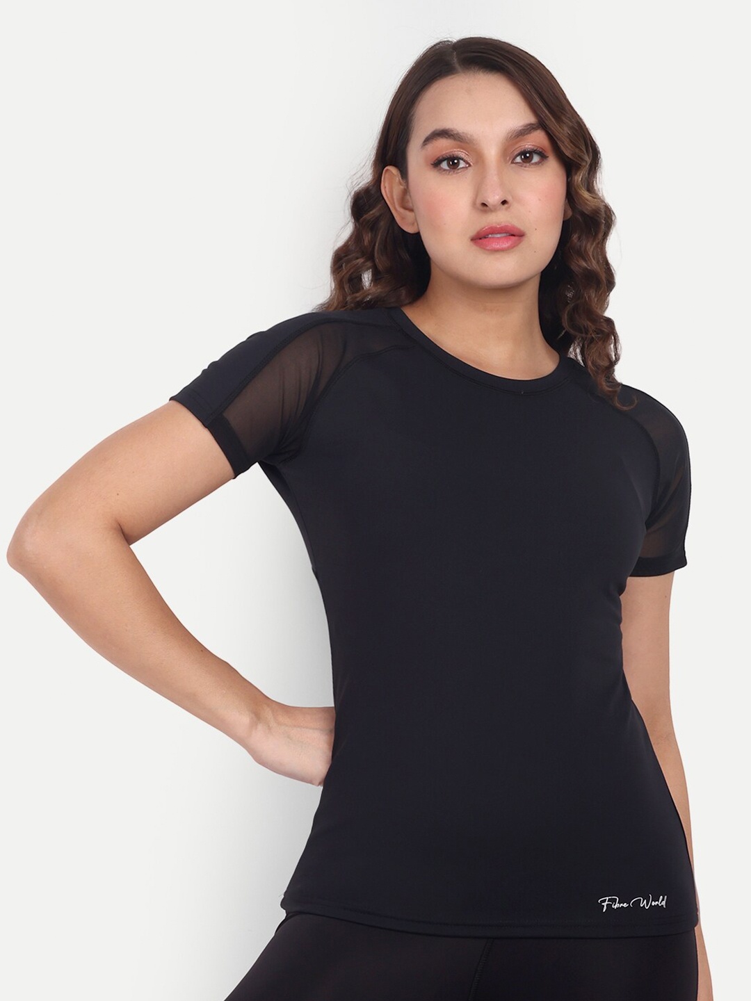 

Fibre World Raglan Sleeves Sheer Fitted Top, Black