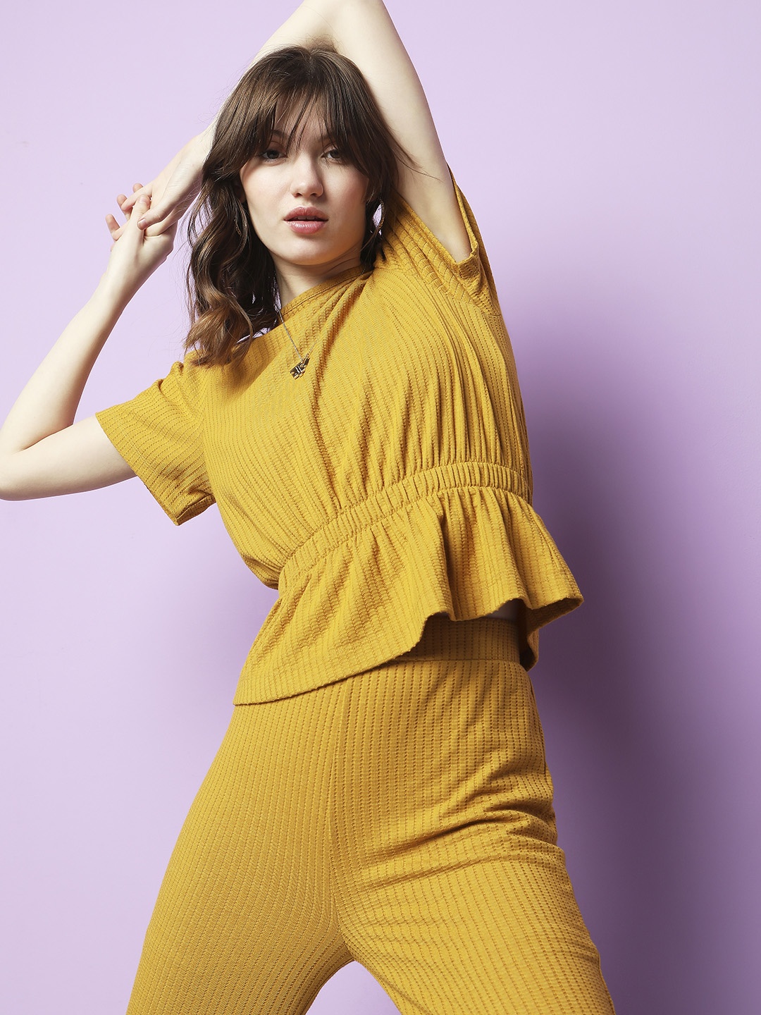 

Vero Moda Self Design Gathered Puff Sleeves Cinched Waist Top, Mustard