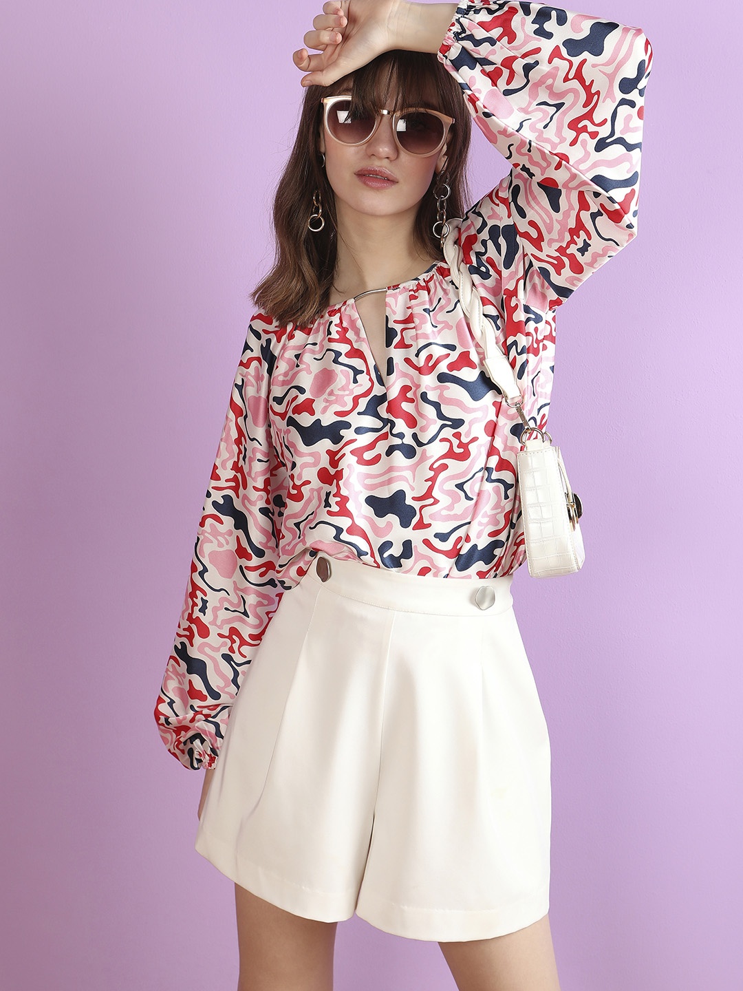 Vero Moda Bishop Sleeves Keyhole Neck Abstract Printed Top, White