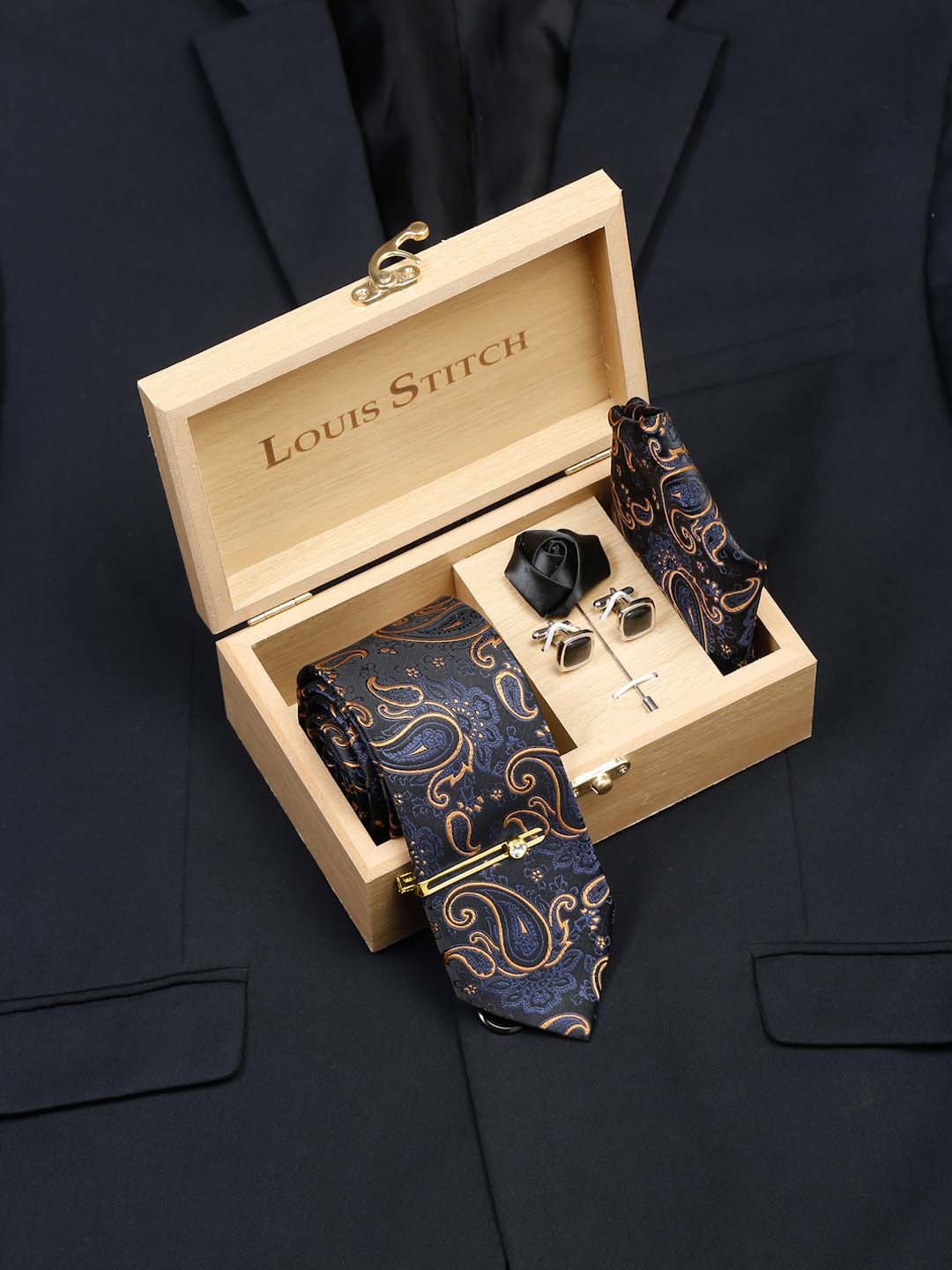 

LOUIS STITCH Men Printed Silk Necktie Accessory Gift Set, Navy blue
