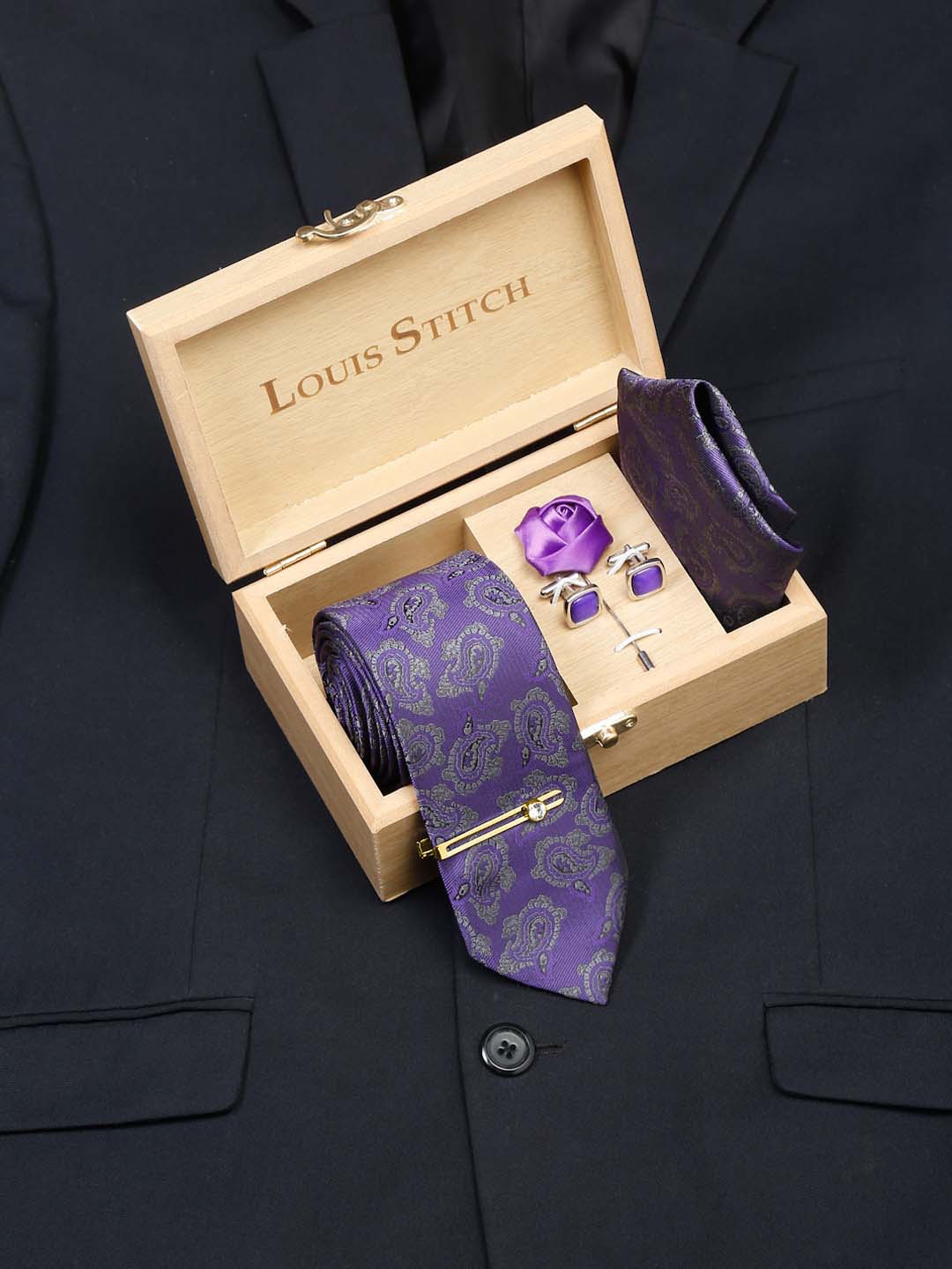 

LOUIS STITCH Men Iris Purple Italian Silk Necktie Accessory Gift Set