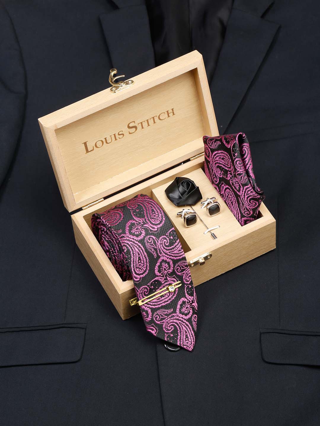 

LOUIS STITCH Men Paisley Self Design Italian Silk Necktie Accessory Gift Set, Purple