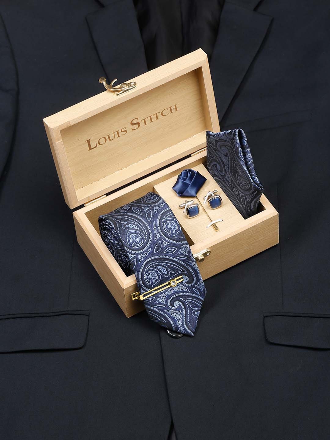 

LOUIS STITCH Men Italian Silk Necktie Accessory Gift Set, Navy blue