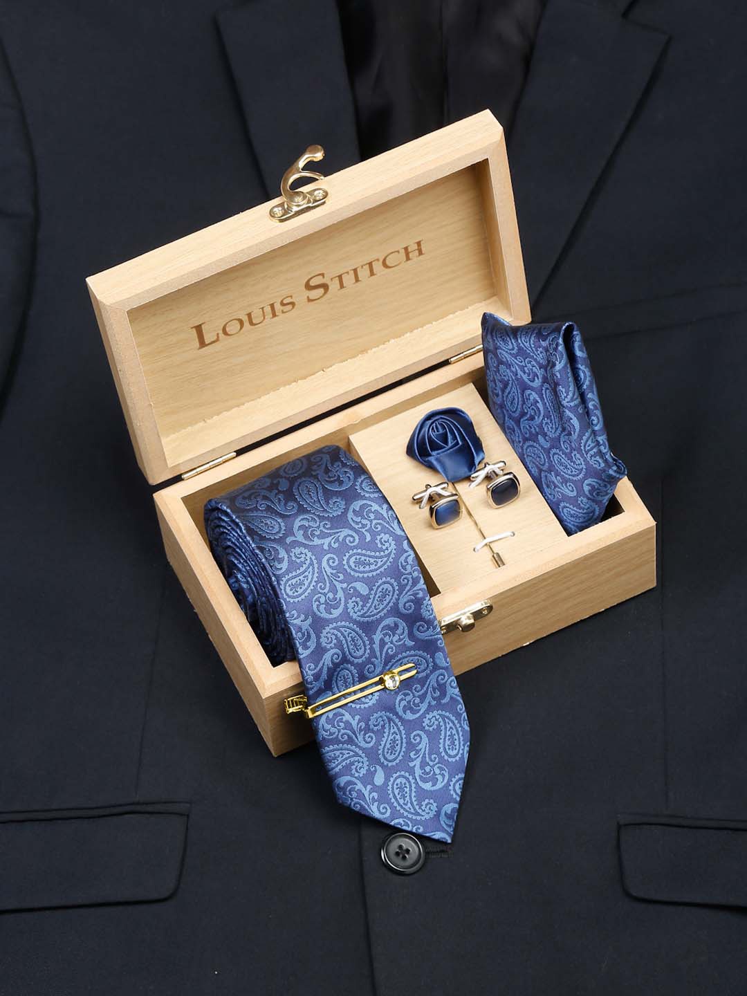 

LOUIS STITCH Men Silk Necktie Accessory Gift Set, Blue