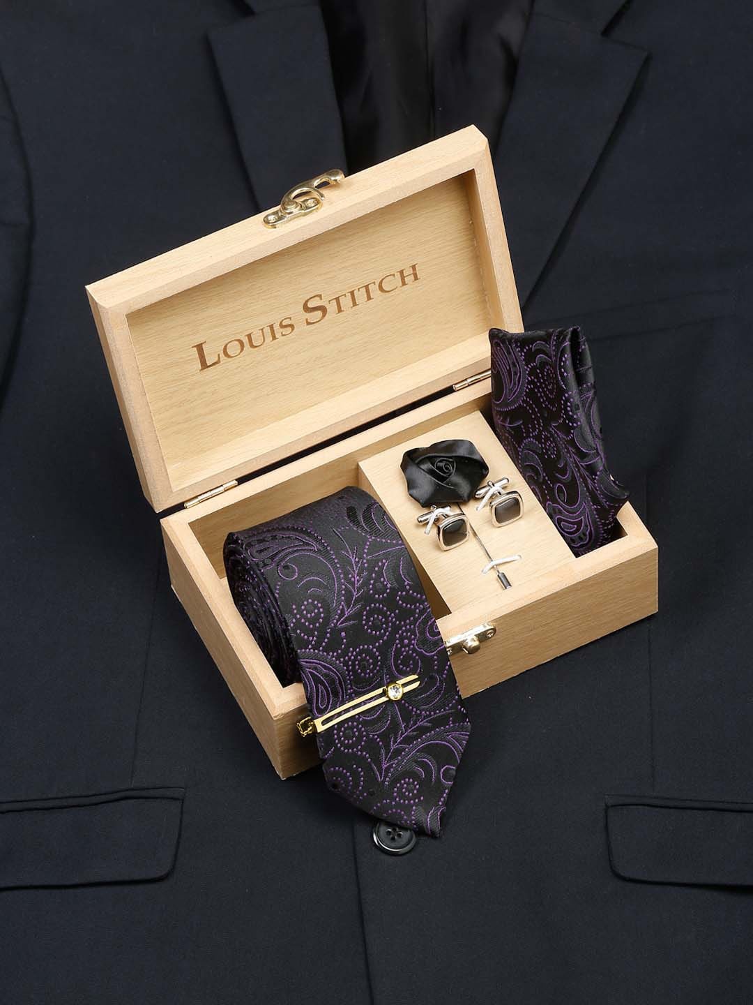 

LOUIS STITCH Men Heather Purple Italian Silk Necktie Accessory Gift Set, Black