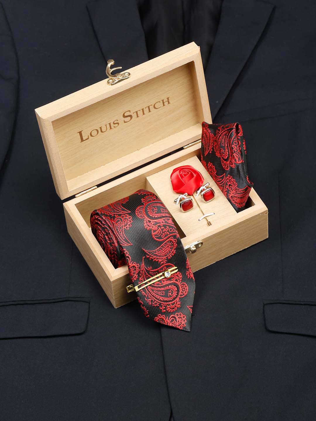 

LOUIS STITCH Men's Italian Silk Necktie Accessory Gift Set, Black