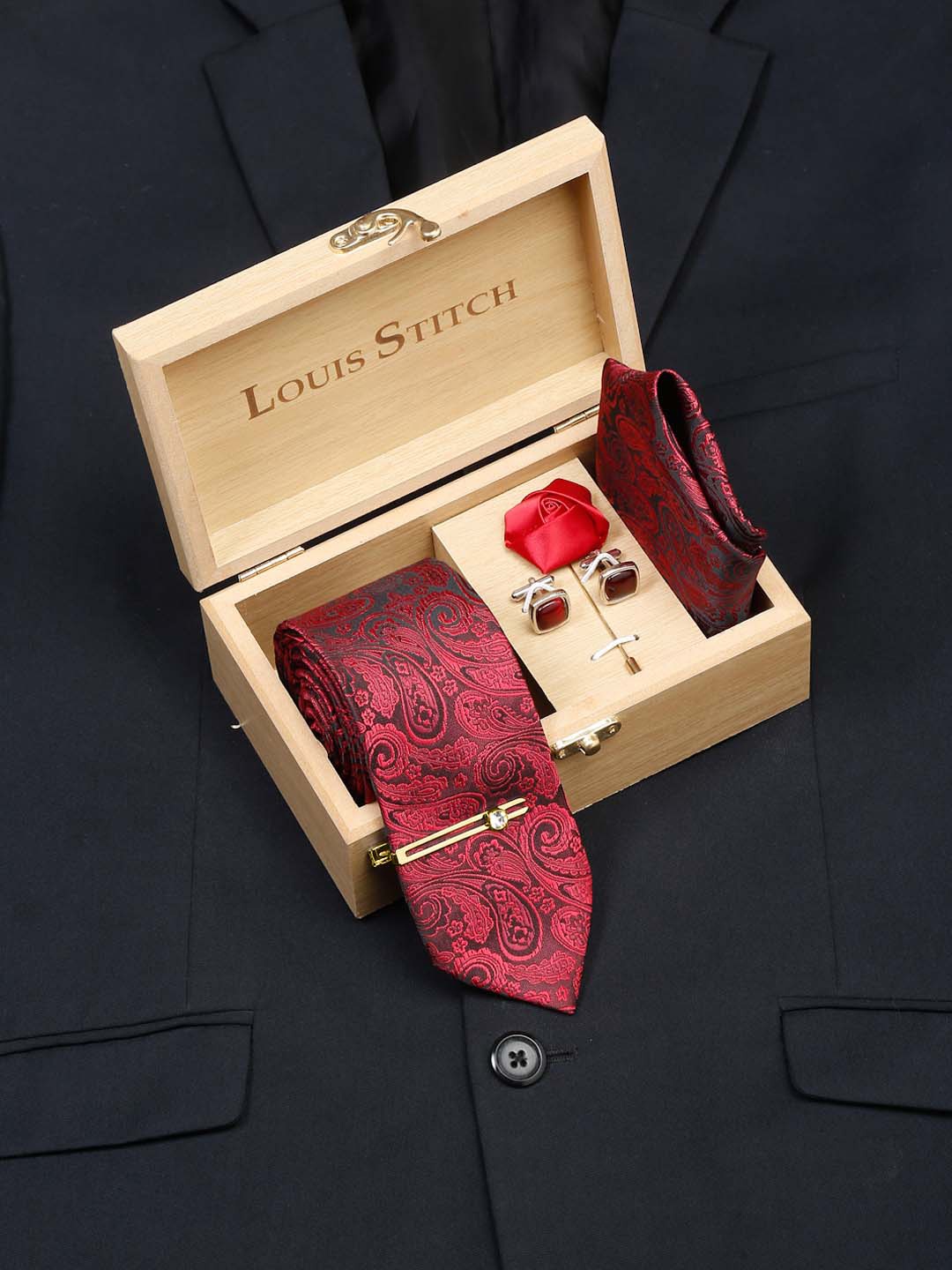 

LOUIS STITCH Men Italian Silk Necktie Accessory Gift Set, Red