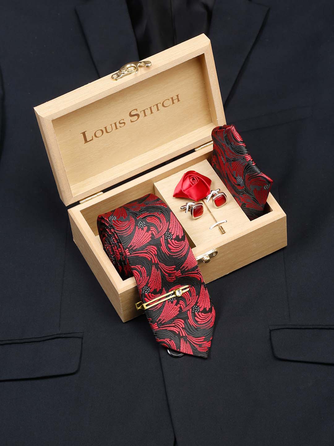 

LOUIS STITCH Men Italian Silk Necktie Accessory Gift Set, Red