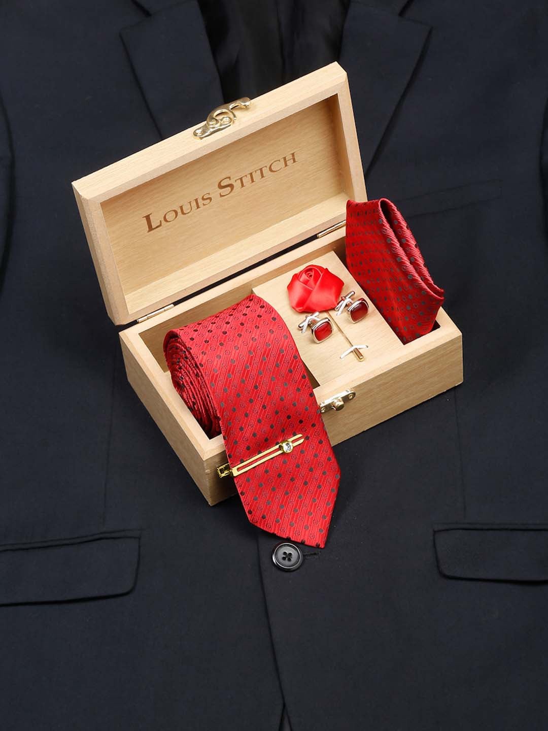 

LOUIS STITCH Men Italian Silk Necktie Accessory Gift Set, Red