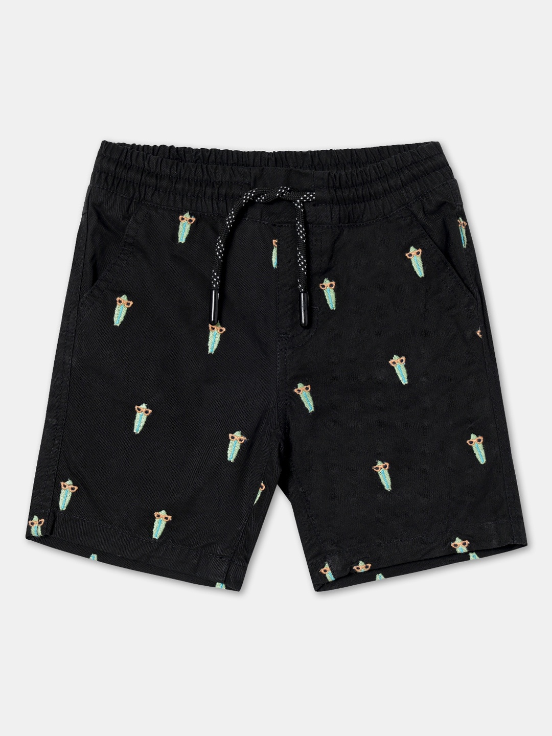 

R&B Boys Conversational Printed Cotton Shorts, Black