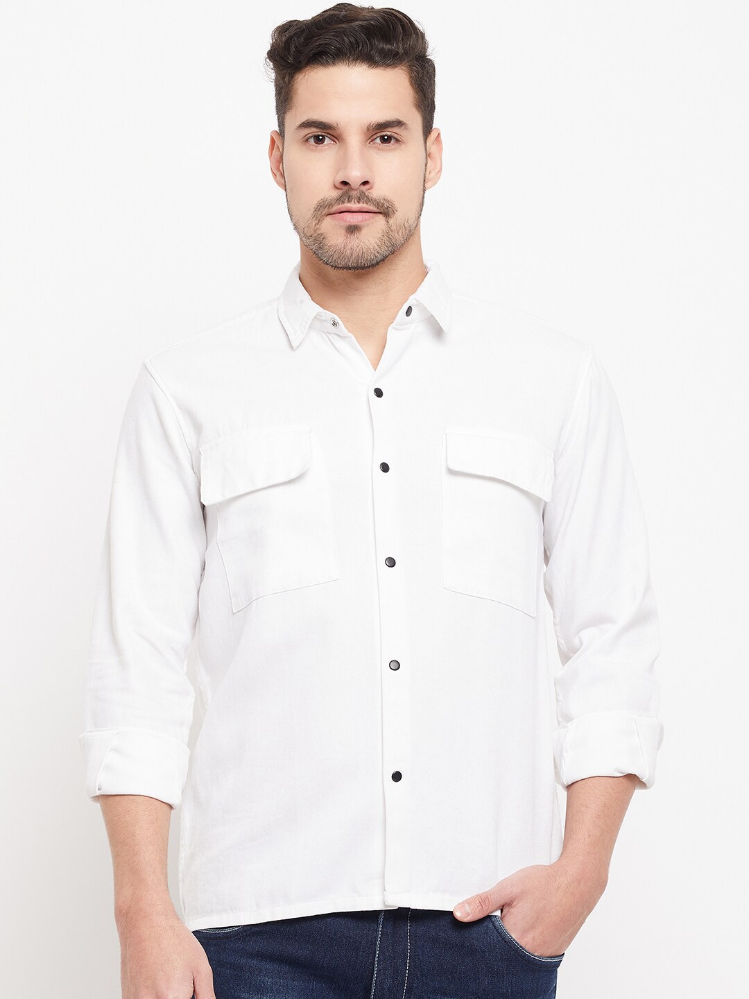

Camey Spread Collar Denim Casual Shirt, White