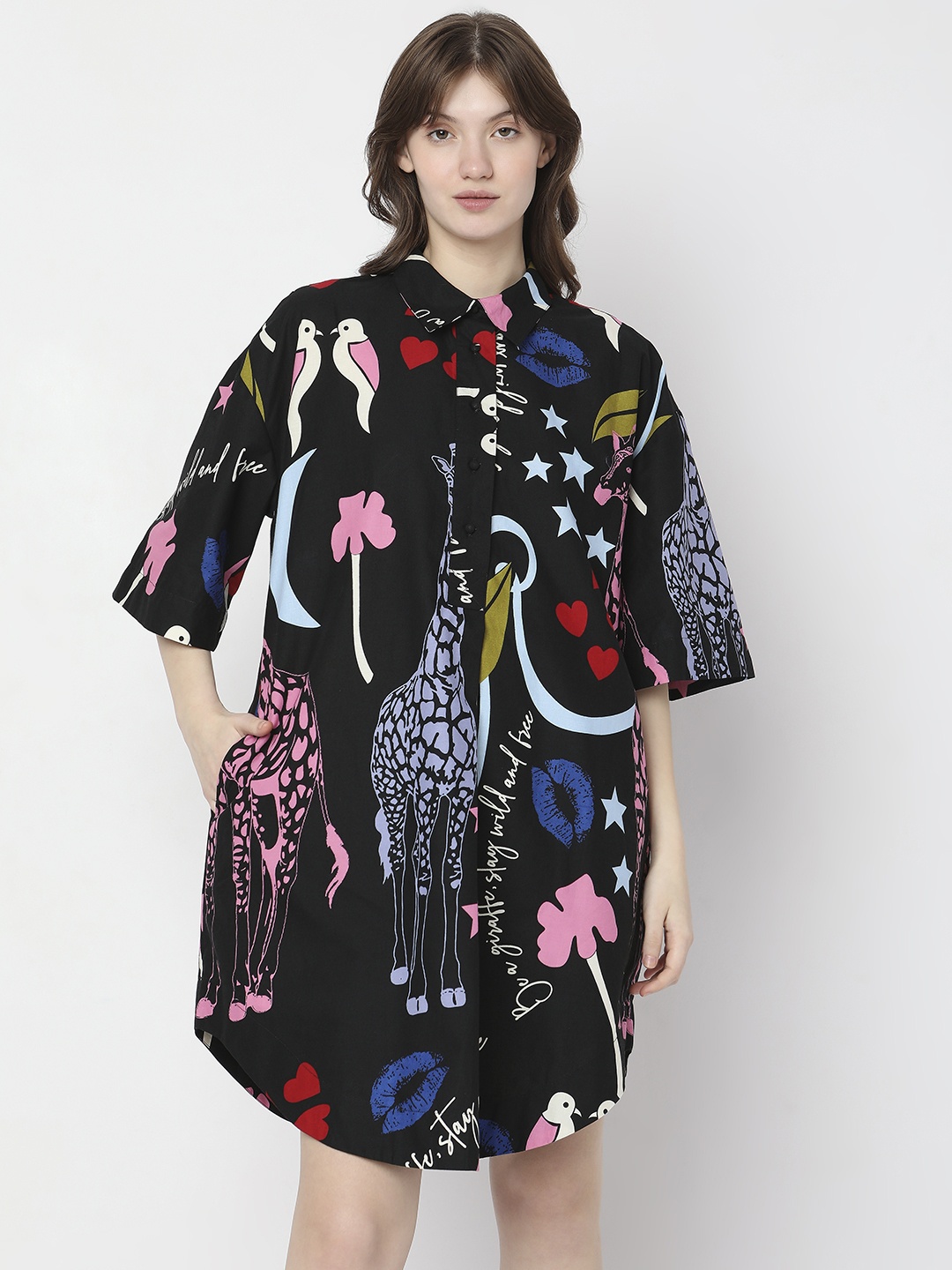 

Vero Moda Conversational Printed Cotton Shirt Style Dress, Black