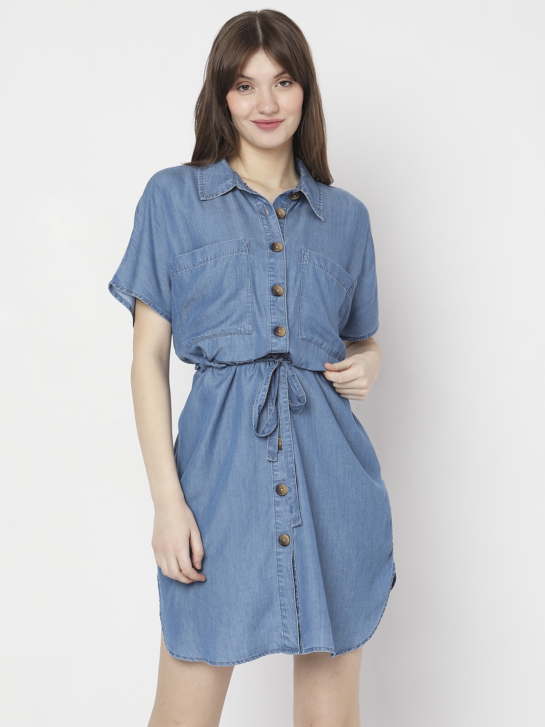 

Vero Moda Tie-Up Pocket Detail Extended Sleeves Cotton Shirt Dress, Blue