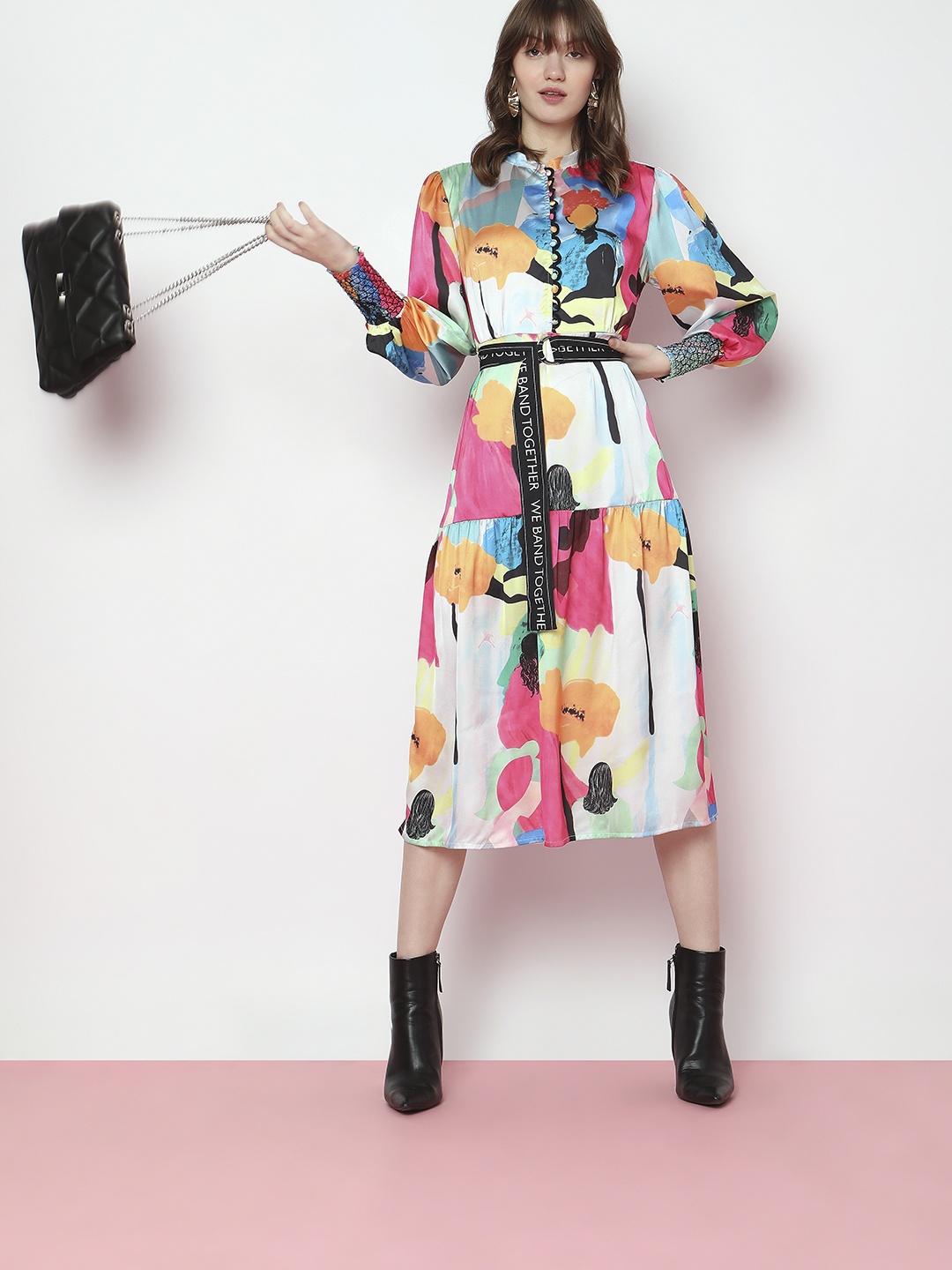 

Vero Moda Abstract Printed Mandarin Collar Bishop Sleeves Belted Midi Fit & Flare Dress, Pink