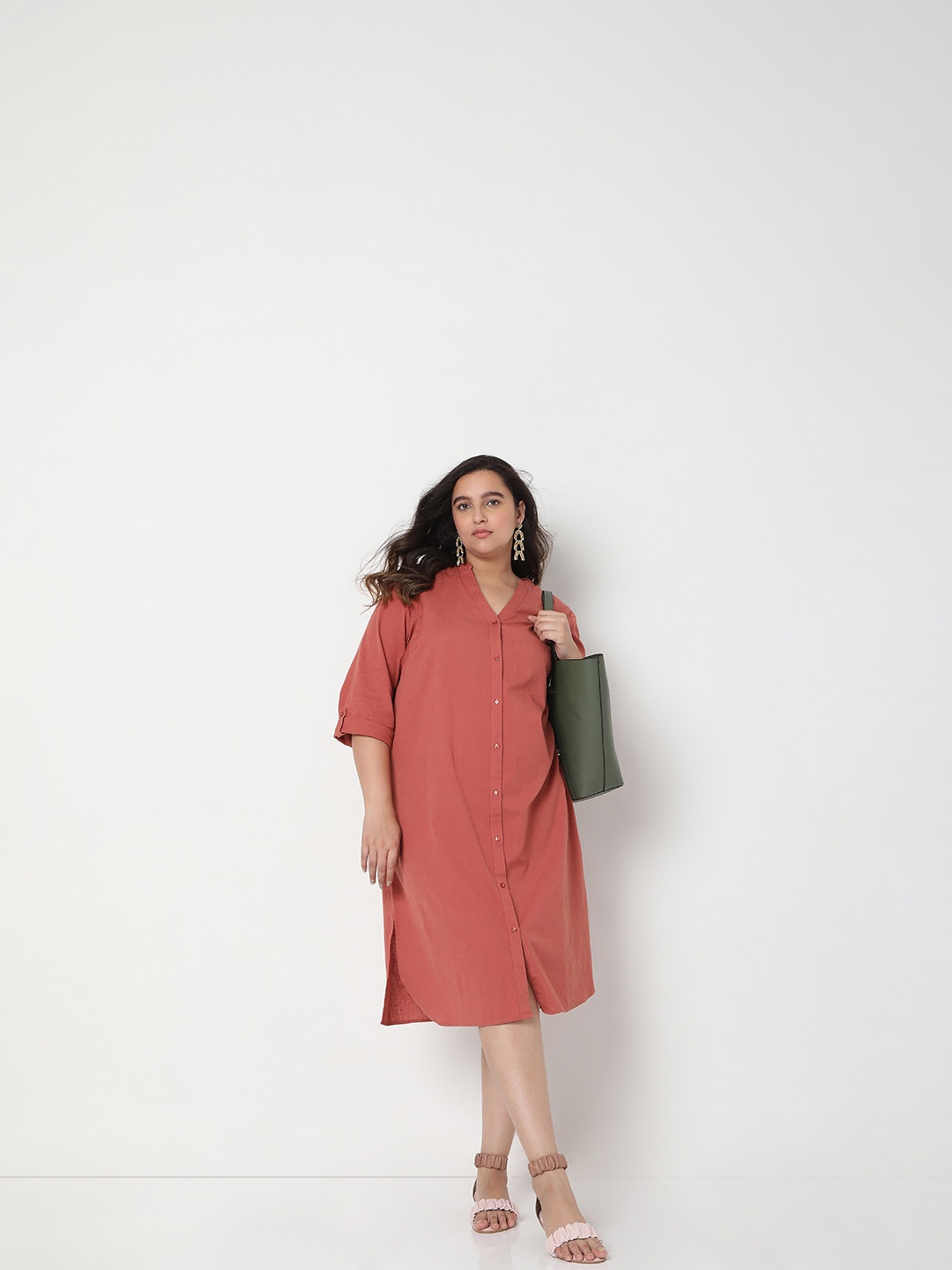 

VERO MODA CURVE Mandarin Collar Shirt Midi Dress, Rust
