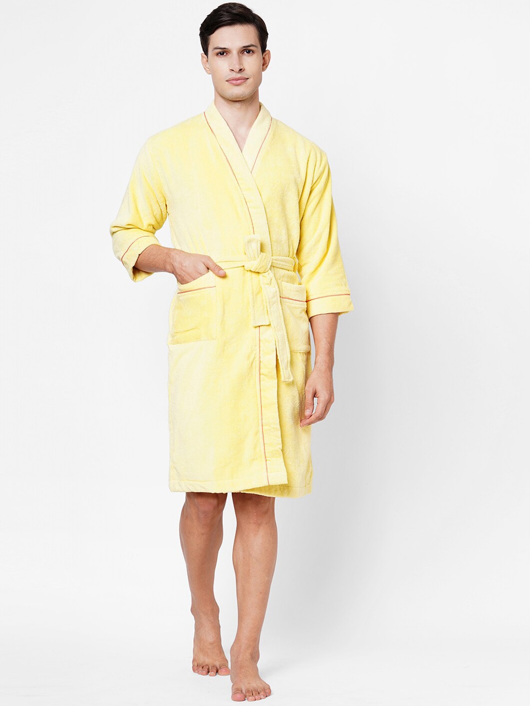 

SPACES Adults Pure Cotton 380 GSM Quick Dry Ultra Soft Bathrobe with Fabric Belt, Yellow