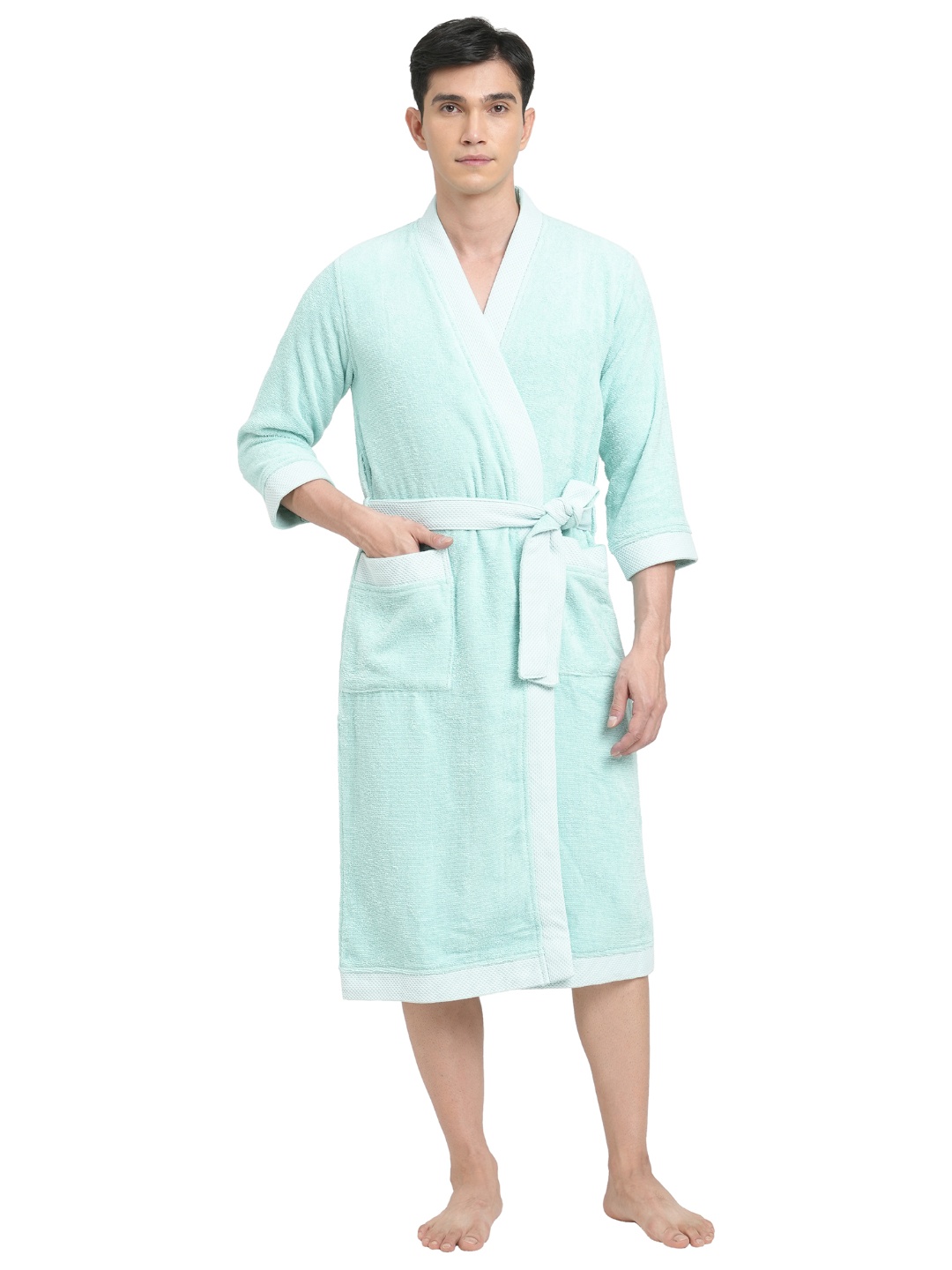 

SPACES Unisex Pure Cotton 400 GSM Bath Robe with Fabric Belt, Green