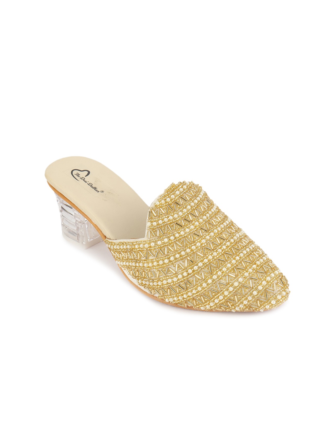 

The Desi Dulhan Embellished Block Heel Mules, Gold