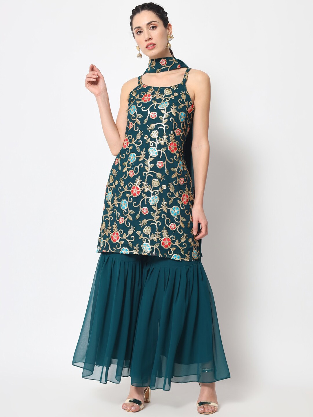 

KALINI Floral Embroidered Thread Work Kurti with Sharara & Dupatta, Turquoise blue