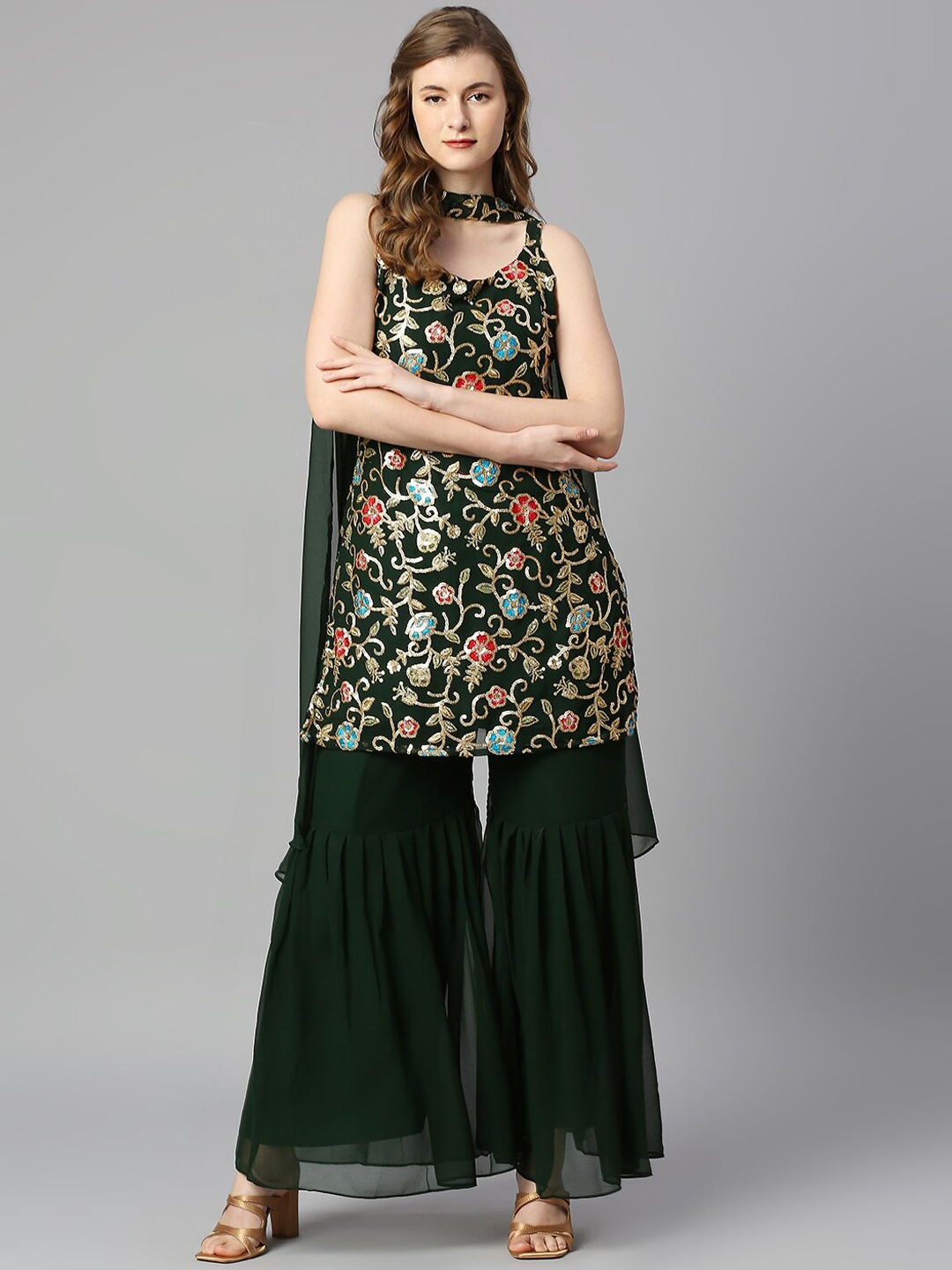 

KALINI Floral Embroidered Thread Work Kurti with Sharara & Dupatta, Green