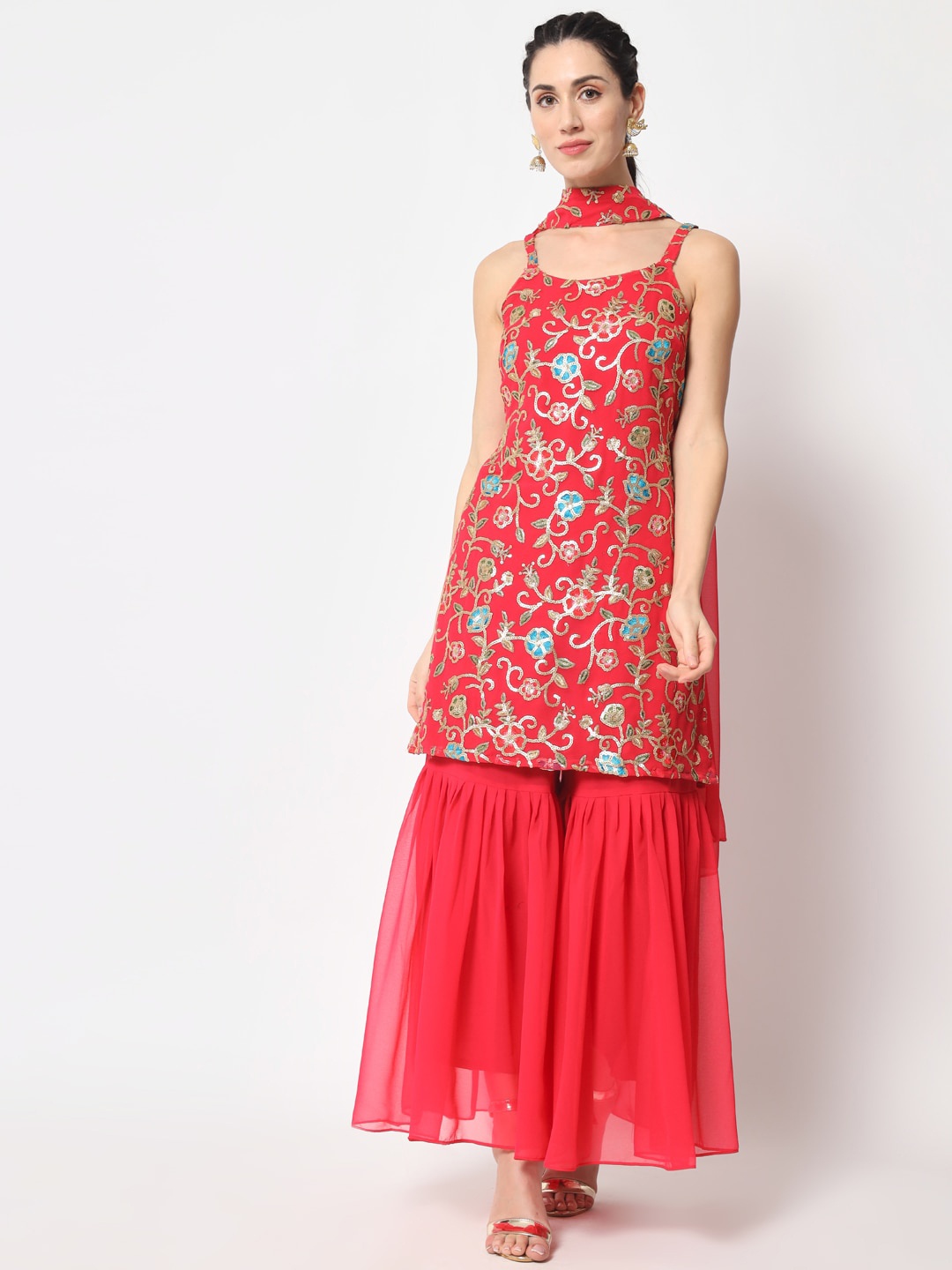 KALINI Floral Embroidered Thread Work Kurti with Sharara & Dupatta, Pink