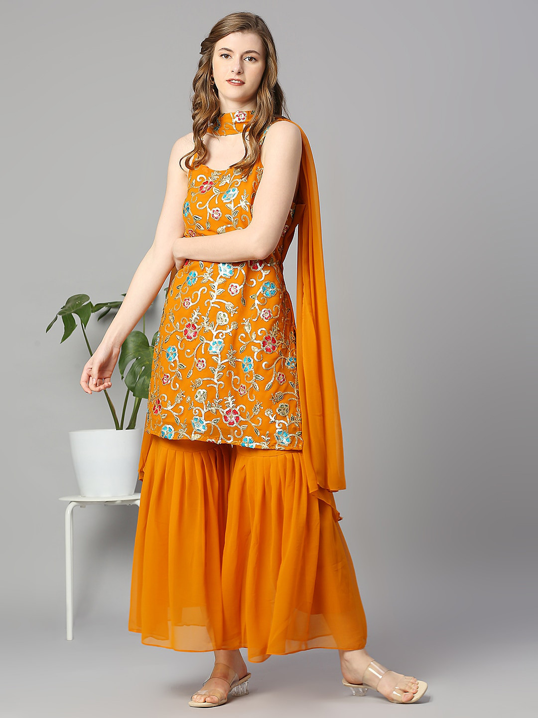 

KALINI Women Floral Embroidered Thread Work Shoulder Straps Kurta With Sharara & Dupatta, Orange