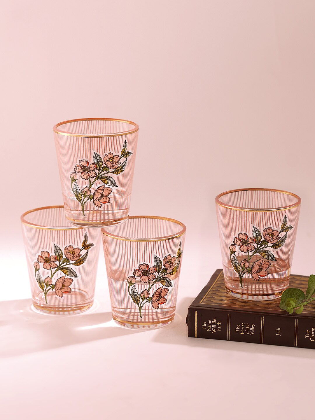 

Pure Home and Living Pink & Green 4-Pcs Floral Printed Glass Tumblers