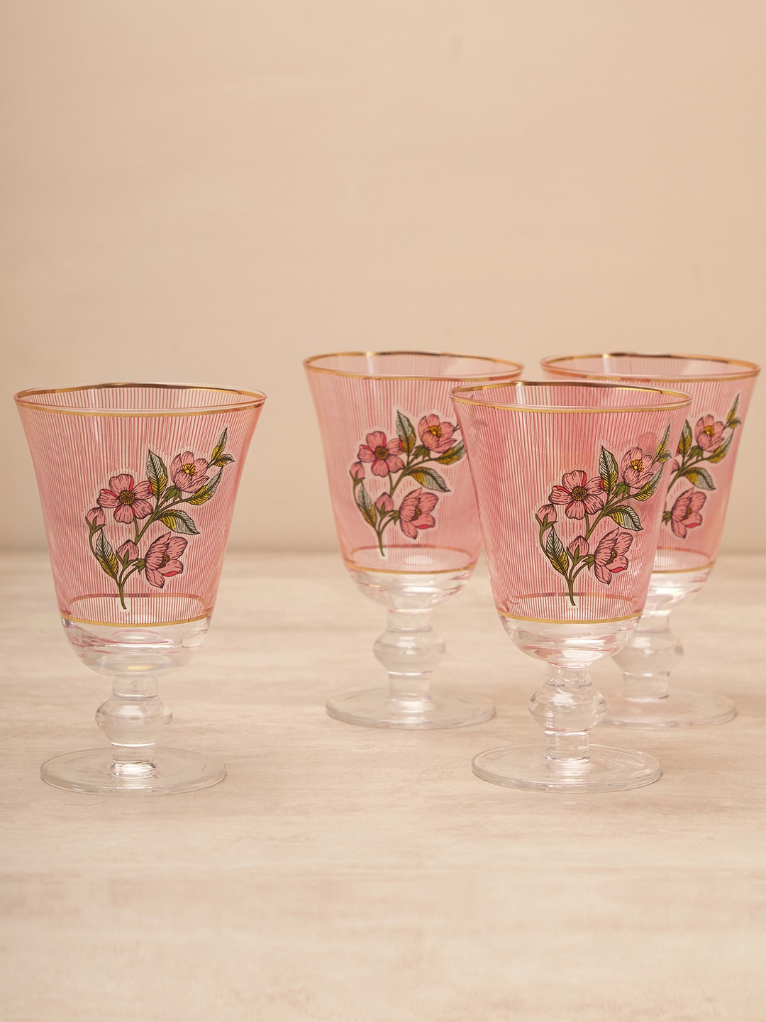 

Pure Home and Living Pink & Green 4 Pcs Floral Printed Wine Glass