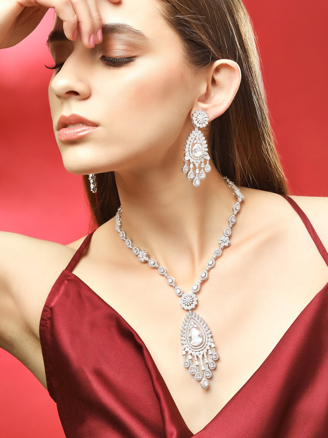 

Rubans Silver-Plated American Diamond-Studded Jewellery Set