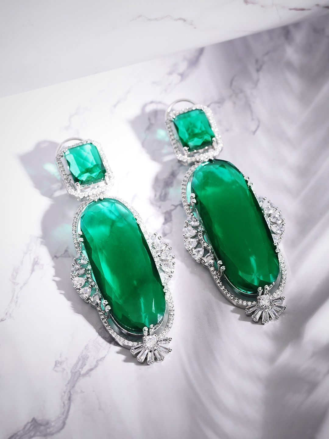 

Rubans Silver-Plated Oval Drop Earrings, Green